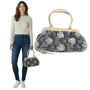 NWT Beijo Just Hold Me Shoulder Bag Woven Floral Stitch Blue Pearl Handle